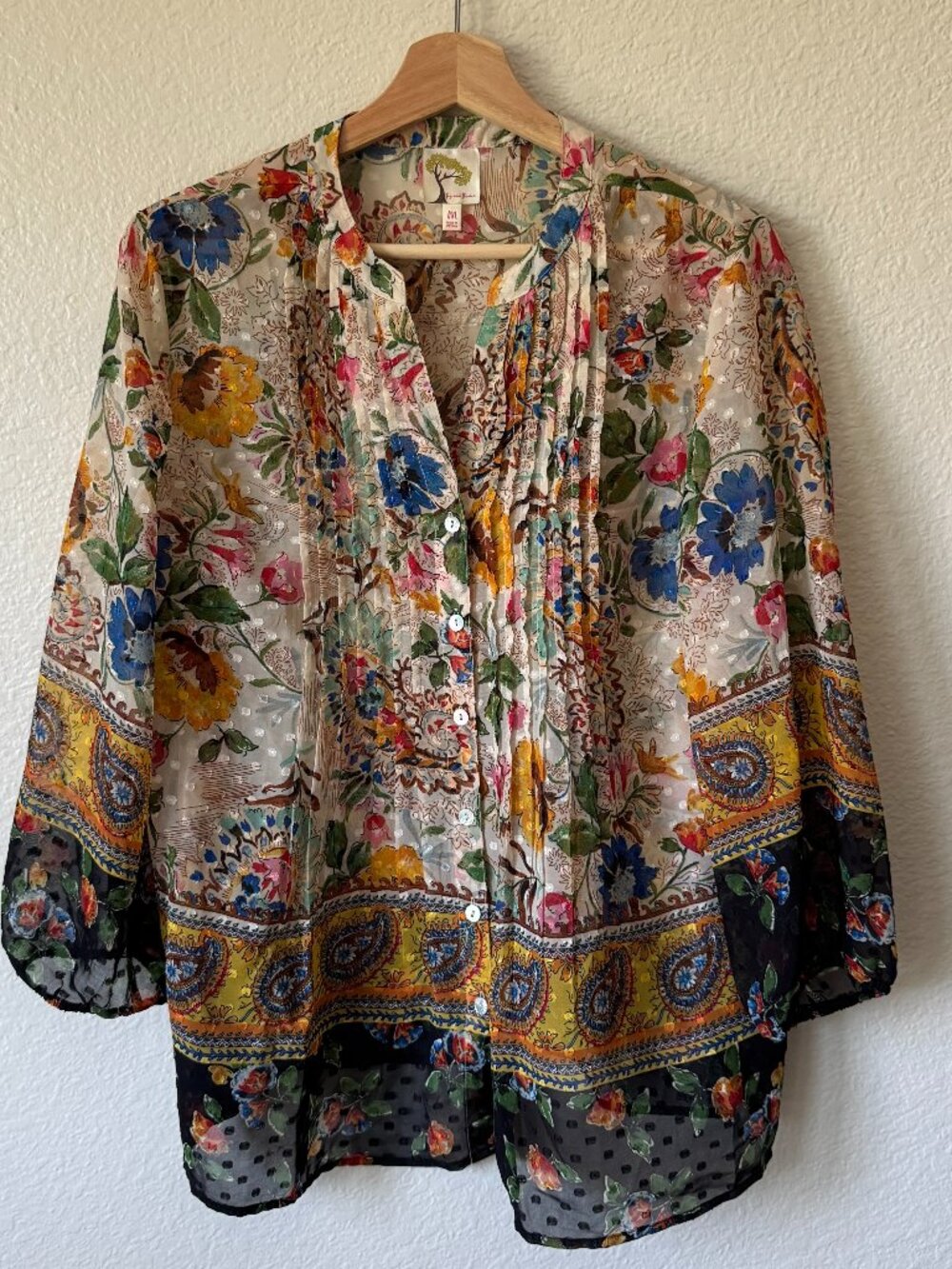 Fig And Flower Floral Paisley Bohemian Slightly SheerTop Boho Flowy Lightweight